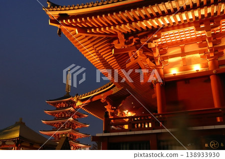 The illuminated Sensoji temple main hall and five-story pagoda The illuminated Sensoji temple main hall and five-story pagoda 138933930