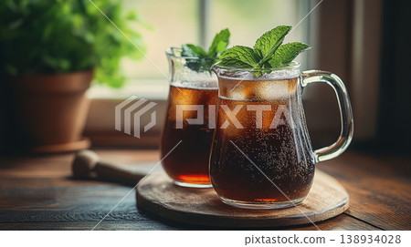 Two Glass Pitchers of Refreshing Iced Tea with Fresh Mint and Ice Cubes on a Wooden Board near Window 138934028