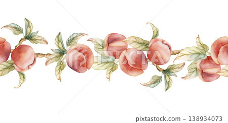 Pink Peaches Seamless Border Summer Juicy Ripe Fruits. Watercolor hand drawn floral food illustration isolated on white background for home kitchen textile fresh print card cosmetic package crockery 138934073