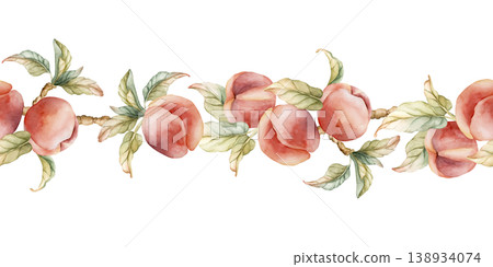 Pink Peaches Seamless Border Summer Juicy Ripe Fruits. Watercolor hand drawn floral food illustration isolated on white background for home kitchen textile fresh print card cosmetic package crockery 138934074