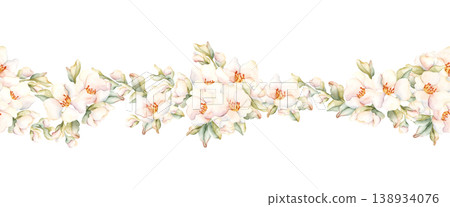 Little White Flowers Seamless Border Peach Apple Blossom Blooming. Watercolor hand drawn floral illustration isolated on white background home textile fresh fabric cosmetic package porcelain crockery Little White Flowers Seamless Border Peach Apple Blossom Blooming. Watercolor hand drawn floral illustration isolated on white background home textile fresh fabric cosmetic package porcelain crockery 138934076