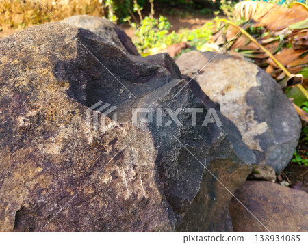 Close up of large rough dark brown boulders resting on dirt ground with blurred green plants, for natural geology and landscape backgrounds. 138934085