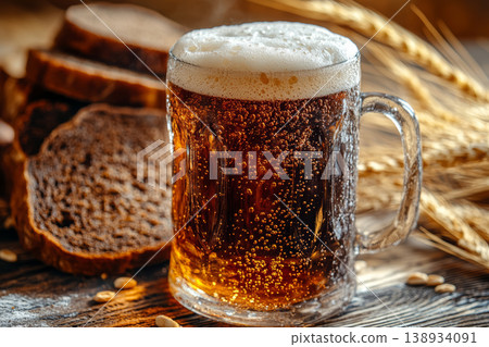 Traditional Cold Kvass in a Glass Mug with Rye Bread and Barley Ears on a Wooden Background 138934091