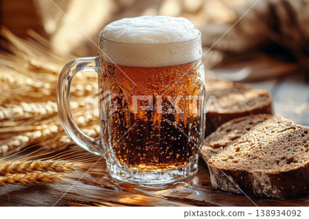 Traditional Cold Kvass in a Glass Mug with Rye Bread and Barley Ears on a Wooden Background 138934092