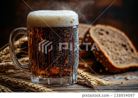 Traditional Cold Kvass in a Glass Mug with Rye Bread and Barley Ears on a Wooden Background 138934097