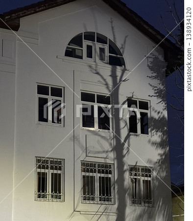Shadow of tree on white building wall under evening light, creating abstract architectural background Shadow of tree on white building wall under evening light, creating abstract architectural background 138934120