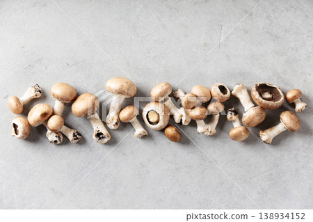 Fresh Brown Mushrooms with Moss on Light Gray Background Fresh Brown Mushrooms with Moss on Light Gray Background 138934152