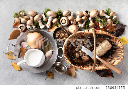 Autumn Cooking Ingredients with Mushrooms, Basket, and Spices Autumn Cooking Ingredients with Mushrooms, Basket, and Spices 138934155
