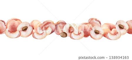 Pink Peaches Seamless Border Summer Juicy Ripe Fruits. Watercolor hand drawn floral food illustration isolated on white background for home kitchen textile fresh print card cosmetic package crockery Pink Peaches Seamless Border Summer Juicy Ripe Fruits. Watercolor hand drawn floral food illustration isolated on white background for home kitchen textile fresh print card cosmetic package crockery 138934163