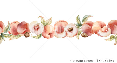 Pink Peaches Seamless Border Summer Juicy Ripe Fruits. Watercolor hand drawn floral food illustration isolated on white background for home kitchen textile fresh print card cosmetic package crockery Pink Peaches Seamless Border Summer Juicy Ripe Fruits. Watercolor hand drawn floral food illustration isolated on white background for home kitchen textile fresh print card cosmetic package crockery 138934165