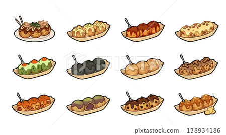 Takoyaki vector set, Japanese octopus balls with various toppings 1 Takoyaki vector set, Japanese octopus balls with various toppings 1 138934186