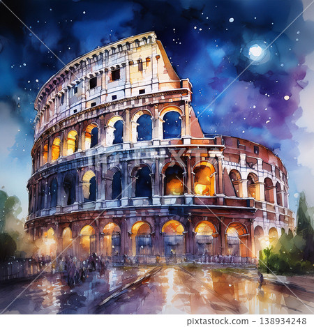 Colosseum glowing under starry rome historical night 138934248