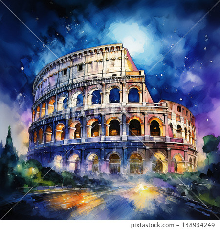 Colosseum glowing under dramatic night sky watercolor Colosseum glowing under dramatic night sky watercolor 138934249