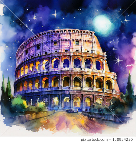 Colosseum glowing under starlit rome night sky 138934250