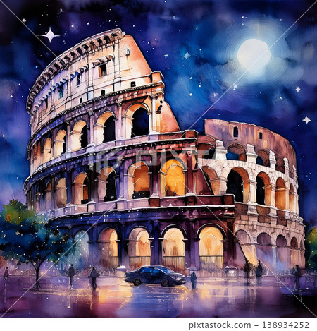 Colosseum glowing under full moon night 138934252