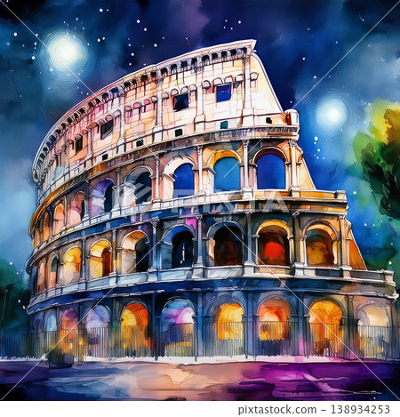 Colosseum illuminated at night painted colorful watercolor 138934253