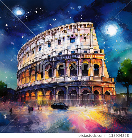 Colosseum structure glowing at night under two moons 138934258
