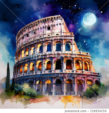 Colosseum structure glowing under a full moon 138934259