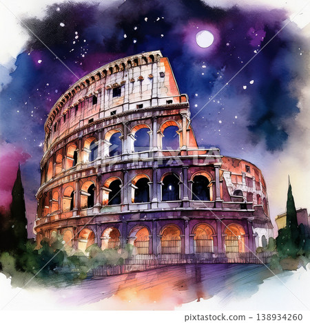 Colosseum historic landmark under starry night sky 138934260