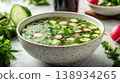 Russian Cold Summer Soup Okroshka with Fresh Vegetables, Radish, Cucumber and Herbs in a Ceramic Bowl 138934265