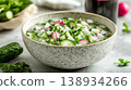 Russian Cold Summer Soup Okroshka with Fresh Vegetables, Radish, Cucumber and Herbs in a Ceramic Bowl 138934266