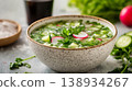 Russian Cold Summer Soup Okroshka with Fresh Vegetables, Radish, Cucumber and Herbs in a Ceramic Bowl 138934267