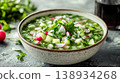 Russian Cold Summer Soup Okroshka with Fresh Vegetables, Radish, Cucumber and Herbs in a Ceramic Bowl 138934268