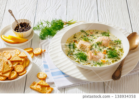 swedish laxsoppa creamy salmon soup in a bowl swedish laxsoppa creamy salmon soup in a bowl 138934358