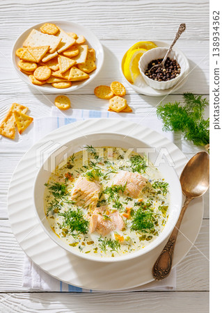 swedish laxsoppa creamy salmon soup in a bowl swedish laxsoppa creamy salmon soup in a bowl 138934362