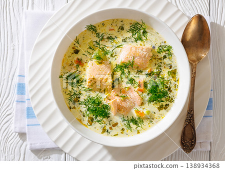 swedish laxsoppa creamy salmon soup in a bowl swedish laxsoppa creamy salmon soup in a bowl 138934368