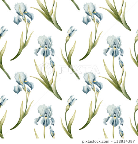 Blue Iris Seamless Pattern Spring Bulb Flowers. Watercolor hand drawn floral illustration isolated on white background Easter design textile fresh fabric print card cosmetic package porcelain crockery Blue Iris Seamless Pattern Spring Bulb Flowers. Watercolor hand drawn floral illustration isolated on white background Easter design textile fresh fabric print card cosmetic package porcelain crockery 138934397