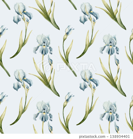 Blue Iris Seamless Pattern Spring Bulb Flowers. Watercolor hand drawn floral illustration isolated on light blue background Easter design textile fresh fabric print card cosmetic package crockery Blue Iris Seamless Pattern Spring Bulb Flowers. Watercolor hand drawn floral illustration isolated on light blue background Easter design textile fresh fabric print card cosmetic package crockery 138934401