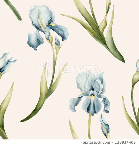 Blue Iris Seamless Pattern Spring Bulb Flowers. Watercolor hand drawn floral illustration isolated on light pink background Easter design textile fresh fabric print card cosmetic package crockery Blue Iris Seamless Pattern Spring Bulb Flowers. Watercolor hand drawn floral illustration isolated on light pink background Easter design textile fresh fabric print card cosmetic package crockery 138934402