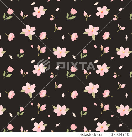Seamless Sakura Floral Pattern with Pink Flowers on Dark Background Seamless Sakura Floral Pattern with Pink Flowers on Dark Background 138934548