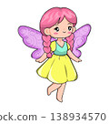 A cute cartoon fairy with pink braided hair and butterfly wings stands gracefully against a light pink backdrop 138934570