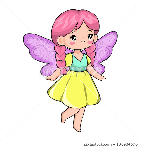 A cute cartoon fairy with pink braided hair and butterfly wings stands gracefully against a light pink backdrop 138934570