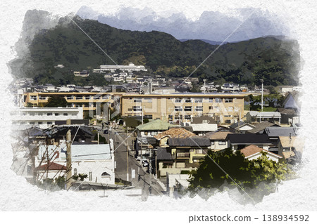 Watercolor-style painting of Usuki city center, Usuki Municipal Higashi Junior High School, Usuki City, Oita Prefecture Watercolor-style painting of Usuki city center, Usuki Municipal Higashi Junior High School, Usuki City, Oita Prefecture 138934592