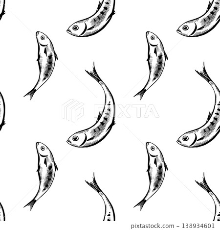 Sardine fish seamless pattern in minimalist black and white vector line art. Repeating nautical background for seafood packaging, marine textile print, organic food wrapping and wallpaper design Sardine fish seamless pattern in minimalist black and white vector line art. Repeating nautical background for seafood packaging, marine textile print, organic food wrapping and wallpaper design 138934601