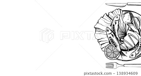 Sardine dish layout with copy space in minimalist vector line art. Right side plate composition for seafood restaurant website header, organic fish menu cover and healthy food branding graphics 138934609