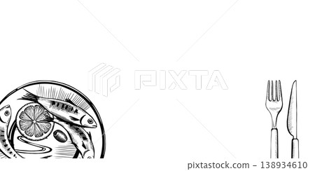 Sardine dish and cutlery banner in minimalist black and white vector line art. Horizontal layout with plate and utensils for seafood restaurant website header, fish menu design and social media Sardine dish and cutlery banner in minimalist black and white vector line art. Horizontal layout with plate and utensils for seafood restaurant website header, fish menu design and social media 138934610
