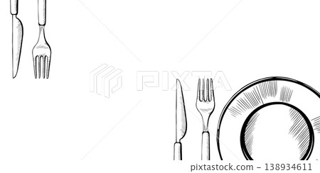 Tableware corner frame in minimalist black and white vector line art. Top view plate with knife and fork for restaurant menu layout, wedding dinner invitation and catering branding graphics Tableware corner frame in minimalist black and white vector line art. Top view plate with knife and fork for restaurant menu layout, wedding dinner invitation and catering branding graphics 138934611