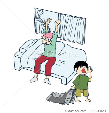An illustration of two brothers waking up in their bedroom in the morning. An illustration of two brothers waking up in their bedroom in the morning. 138934641