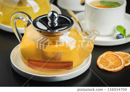 Fruit tea with mango and mint in a glass teapot on the table 138934709