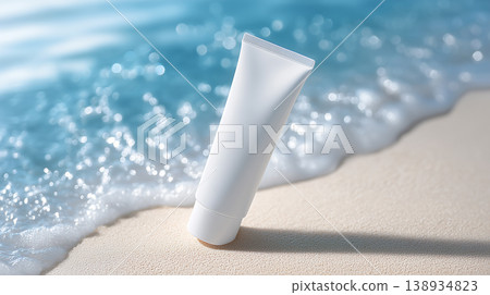 White skincare tubes standing on a sandy beach – summer product materials, easy to use in beauty advertisements promoting UV protection and moisturizing. 138934823
