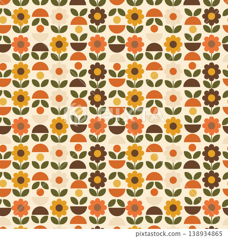 Retro Geometric Floral Seamless Pattern in Mid Century 70s Style Retro Geometric Floral Seamless Pattern in Mid Century 70s Style 138934865