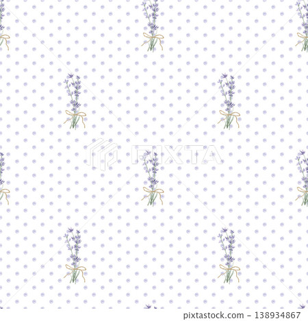 Watercolor lavender and polka dot seamless pattern. Hand drawn botanical background with purple bouquets and twine bows for nursery textile, baby clothes, wrapping paper and organic packaging. Watercolor lavender and polka dot seamless pattern. Hand drawn botanical background with purple bouquets and twine bows for nursery textile, baby clothes, wrapping paper and organic packaging. 138934867