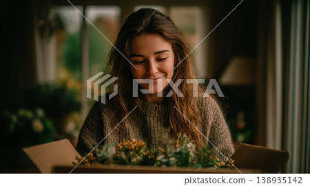 Young woman opening box with plants at home 138935142