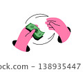 Money payment vector illustration. Hand giving cash dollar bills to another hand. Flat cartoon illustration of financial transaction, payment, business deal isolated on white. Buying paying design 138935447