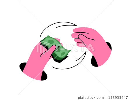 Money payment vector illustration. Hand giving cash dollar bills to another hand. Flat cartoon illustration of financial transaction, payment, business deal isolated on white. Buying paying design Money payment vector illustration. Hand giving cash dollar bills to another hand. Flat cartoon illustration of financial transaction, payment, business deal isolated on white. Buying paying design 138935447