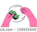 Money payment vector illustration. Hand giving cash dollar bills to another hand. Flat cartoon illustration of financial transaction, payment, business deal isolated on white. Buying paying design 138935448